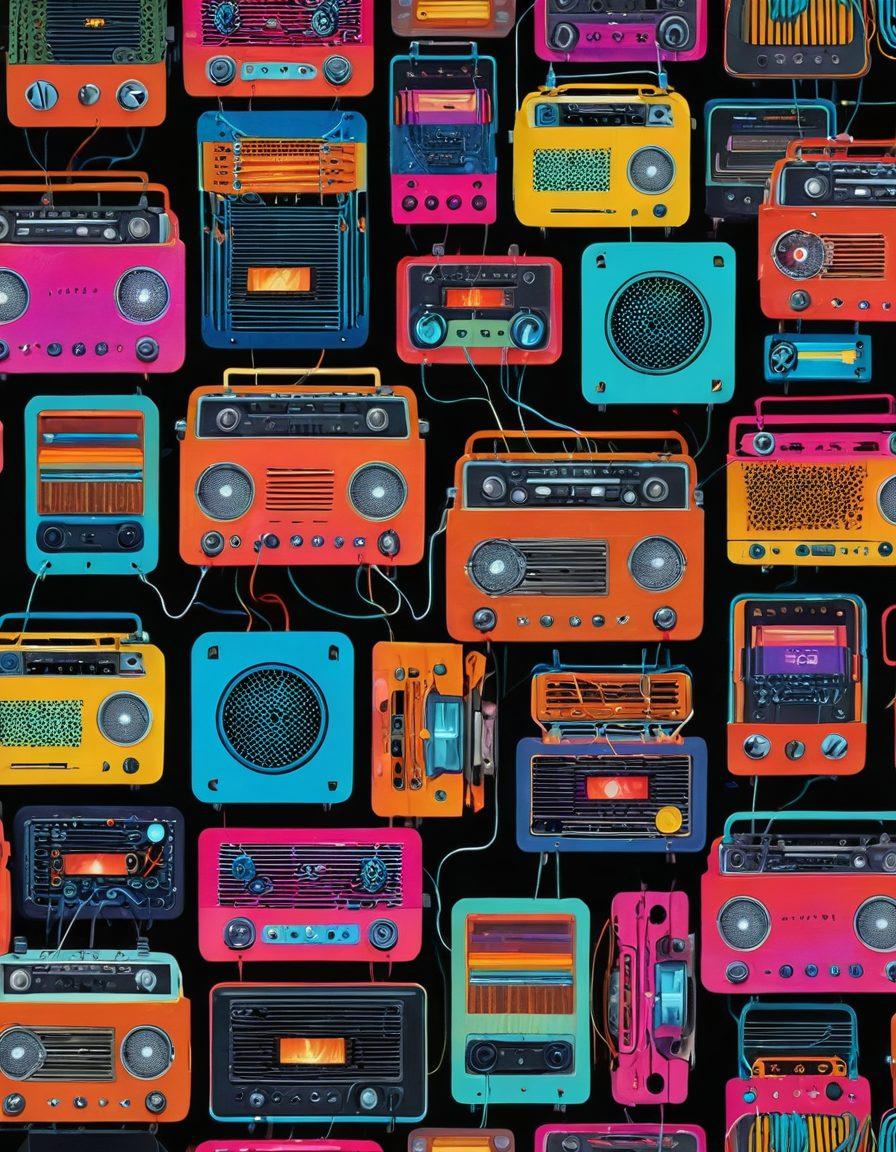 A collage of various vintage and modern radios blending seamlessly into a digital interface, with musical notes and soundwaves emerging from the devices. Diverse people connecting through headphones and smartphones, symbolizing global music streaming. Bright, colorful, and lively atmosphere. vibrant colors. digital art.