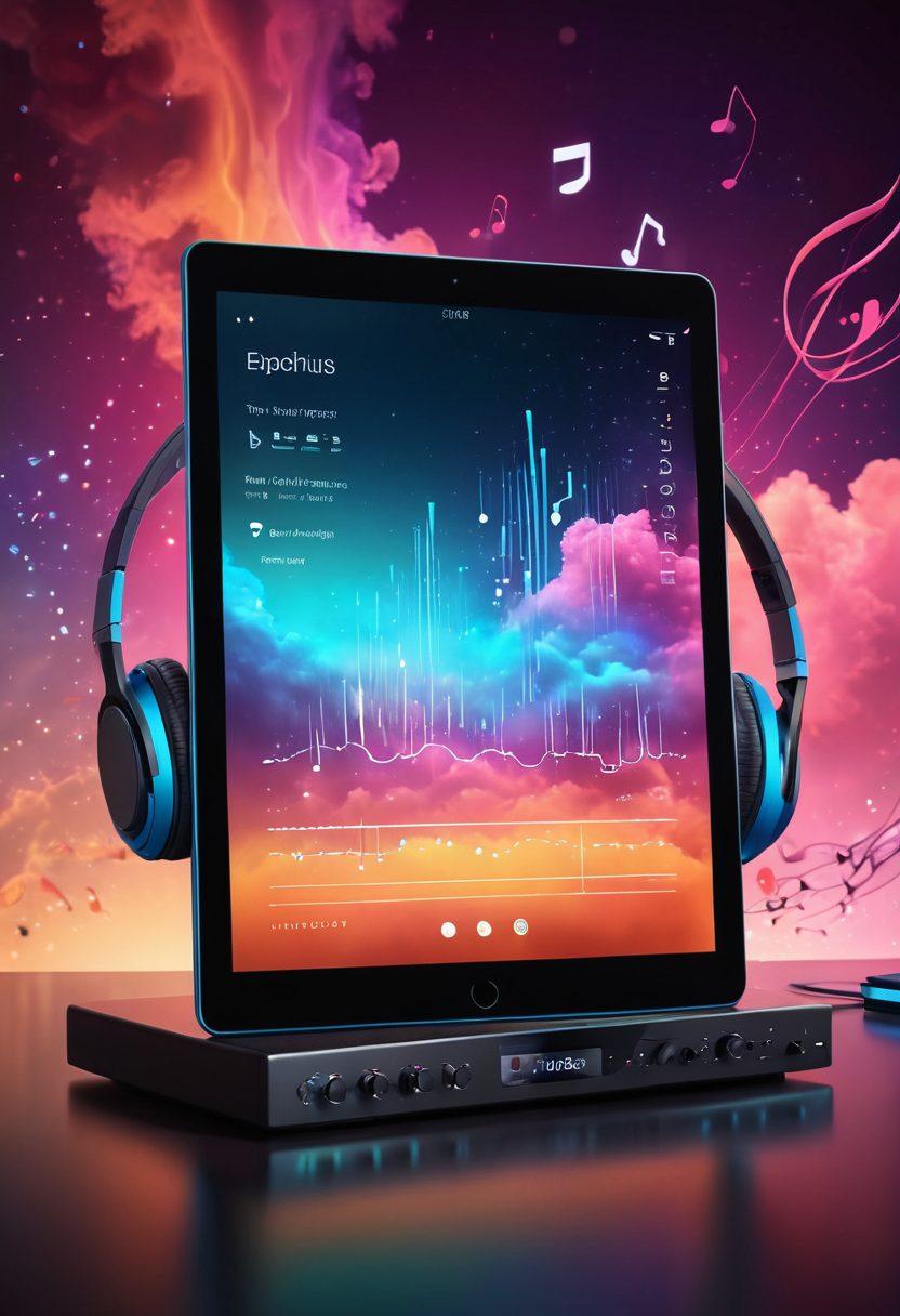 A sleek, modern setting with high-end audio equipment such as headphones and speakers, streaming music seamlessly from a tablet showing a vibrant audio app interface. Background includes musical notes and sound waves blending into a digital cloud signifying online streaming. Futuristic, crisp, and vibrant. super-realistic. vibrant colors.