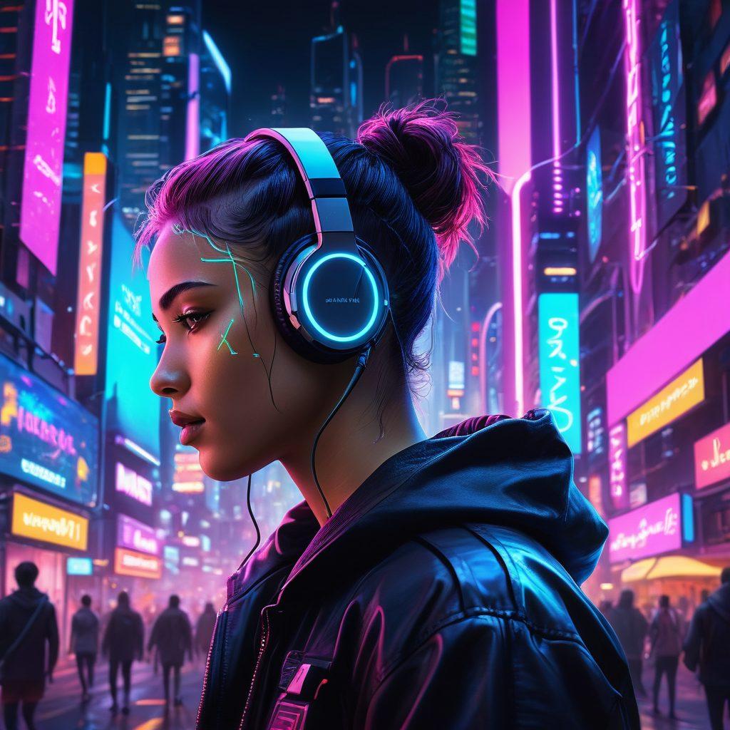 A futuristic cityscape with neon lights and holograms representing digital music streaming through the air, diverse people wearing high-tech headphones enjoying various genres from online music platforms, vibrant digital waves and musical notes flowing seamlessly. cyberpunk, vibrant colors, highly detailed.